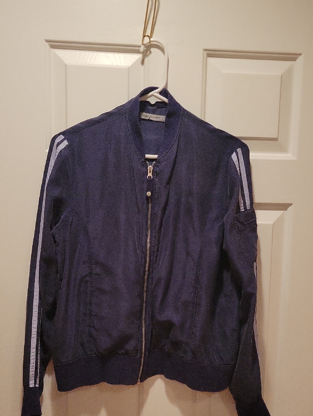 Vintage Oleg Cassini Sport Navy Bomber Jacket with Grey Stripes